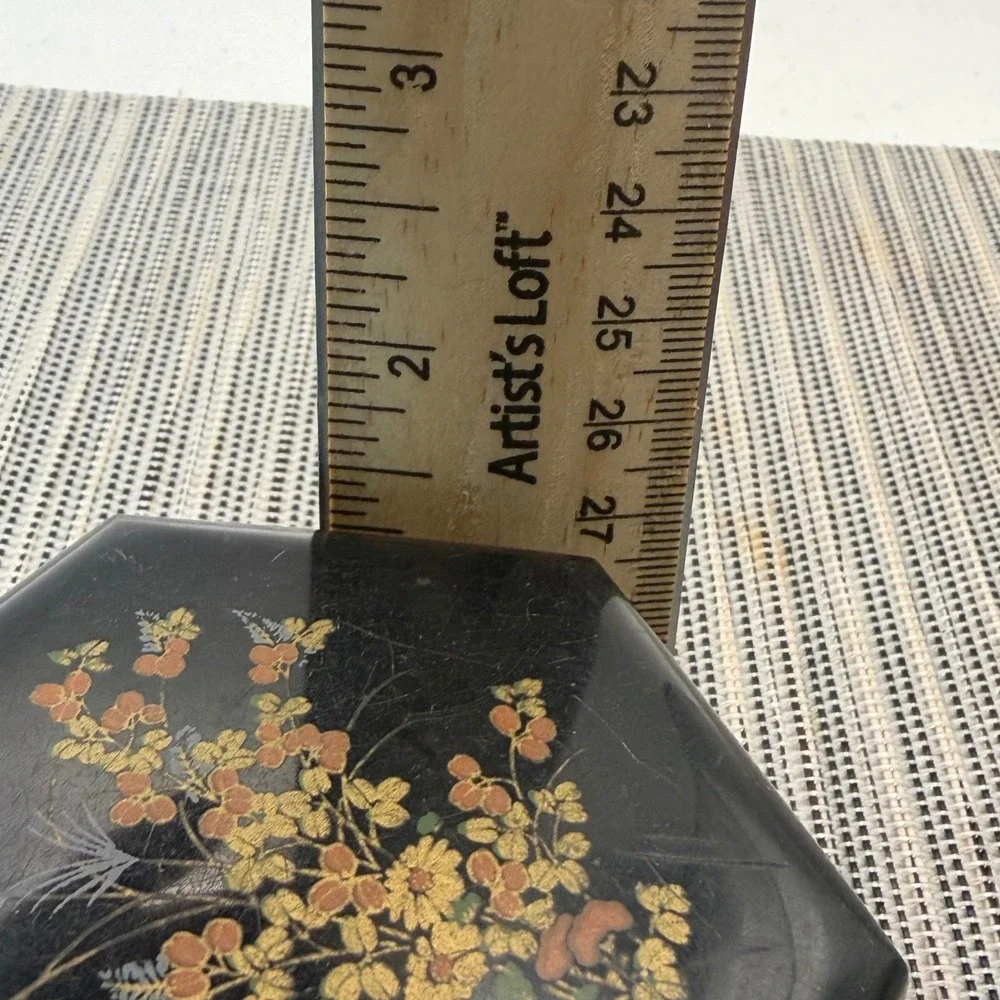 Vintage Hexagon Trinket Box Black Floral Jewelry Case Japanese Style Small 2.75
